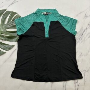 Jamie Sadock Womens Golf Shirt Size M Green Black Rhinestone Trim Short Sleeve